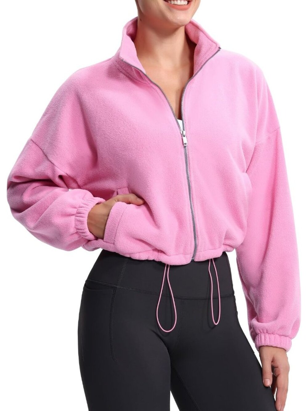 Women's Pink Fleece Full ZIP Sherpa Coat 2 Pockets Imported Cropped Jacket